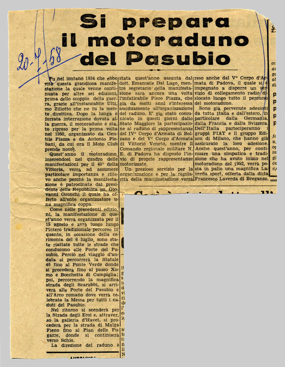 Giornale Vicenza 20 luglio 1958