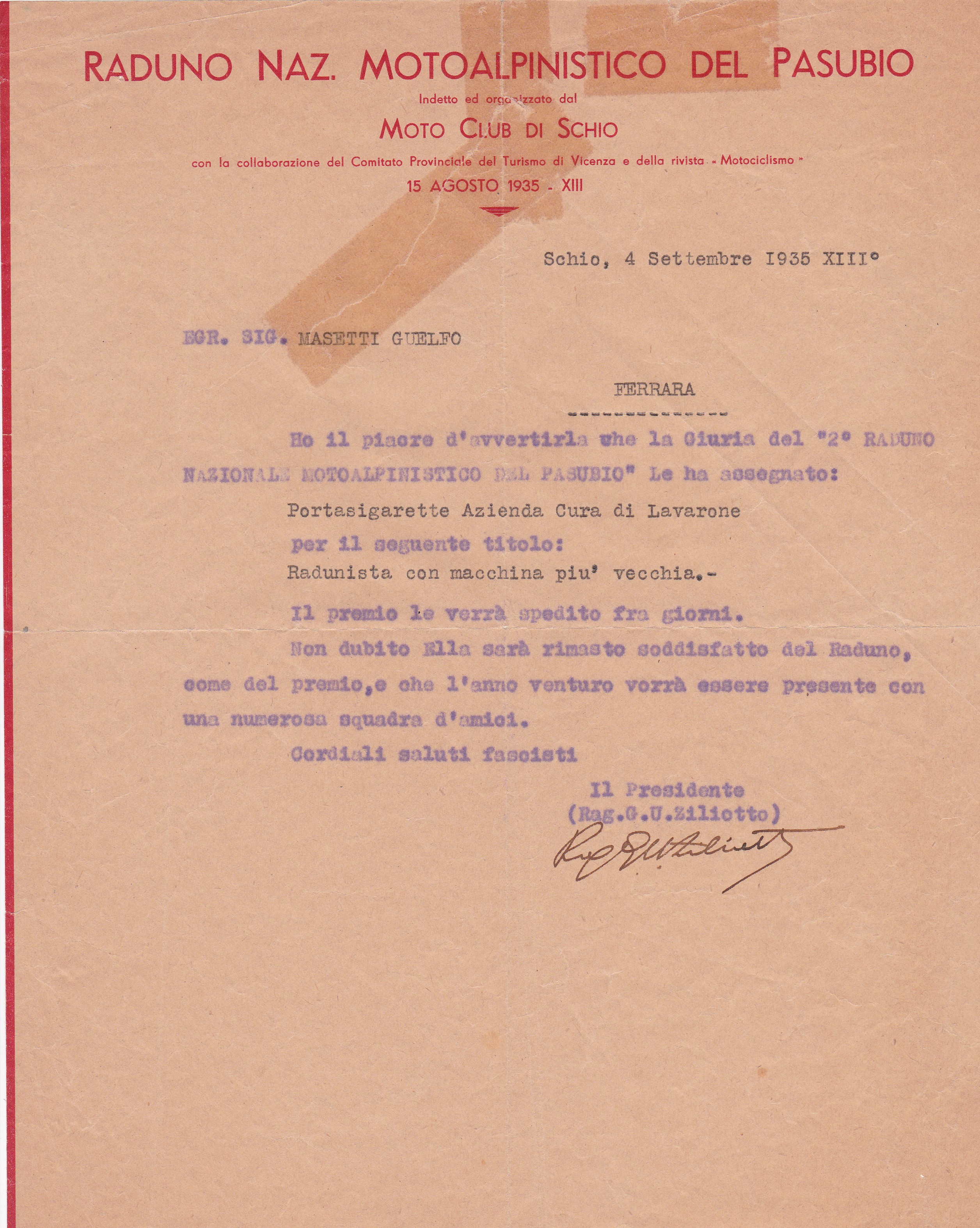 Lettera assegnazione premio Motoraduno 1935