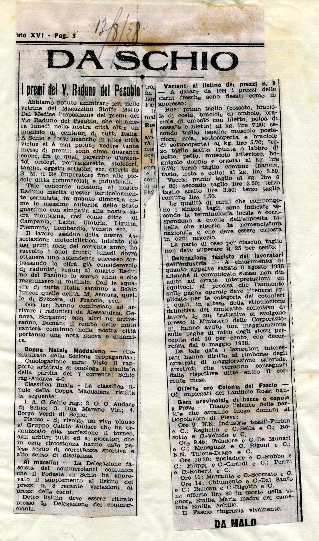 Vedetta fascista 13 agosto 1938, i premi del V motoraduno