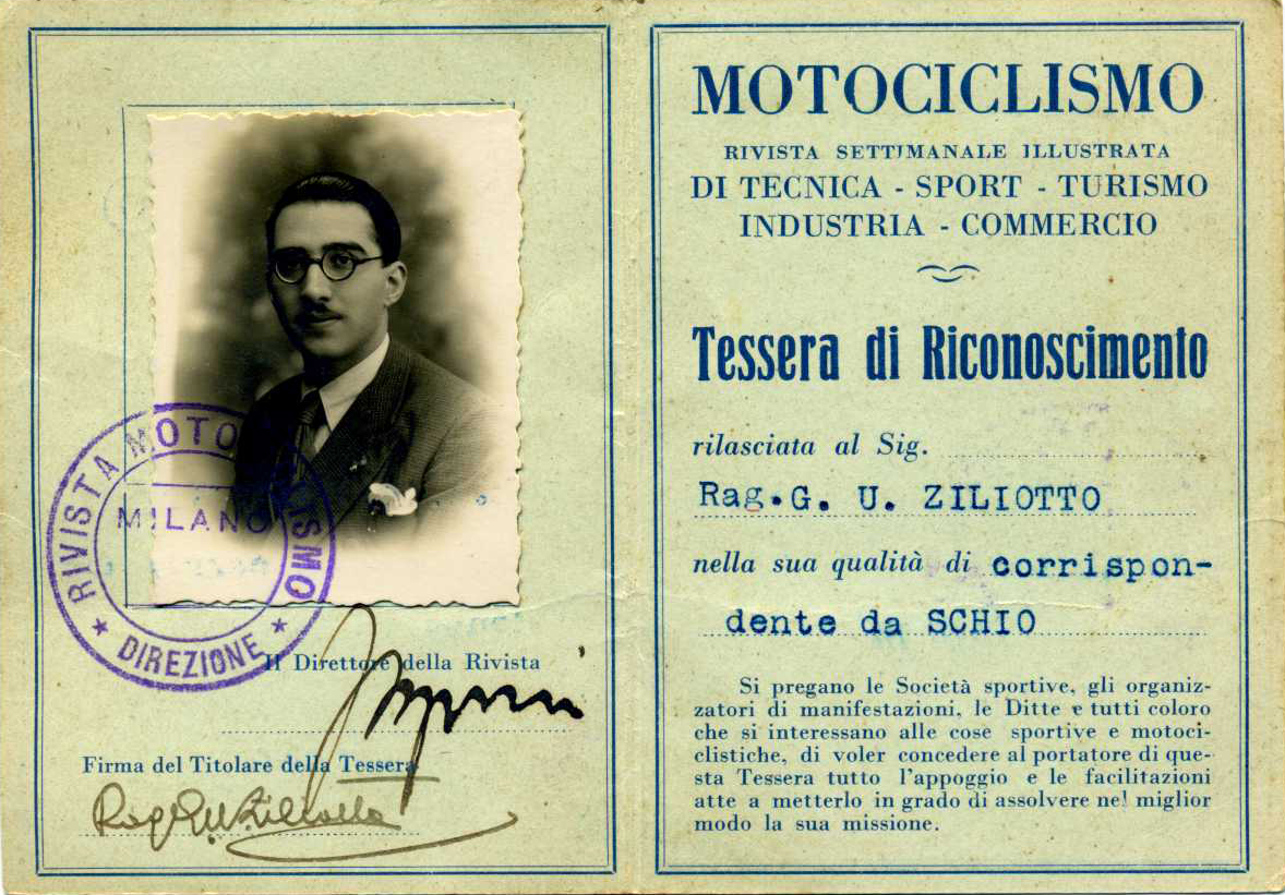 Tessera iscrizione di Giulio Ultimo Ziliotto alla rivista Motociclismo